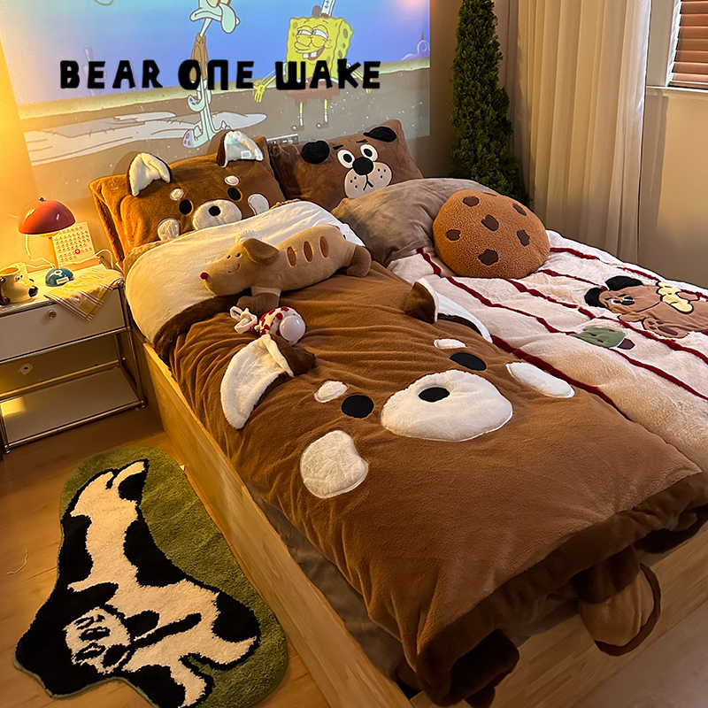 Xiongyixingxing Little Panda Rabbit Velvet Bedding Four-Piece Set Winter Thickened Warm Bed Sheet Coral Milk Velvet Duvet Cover