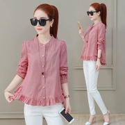 Áo sơ mi kẻ sọc cotton nhỏ tay dài nữ 2019 xuân mới thu đông Han Fan chic Hồng Kông hương vị áo sơ mi retro - Áo sơ mi