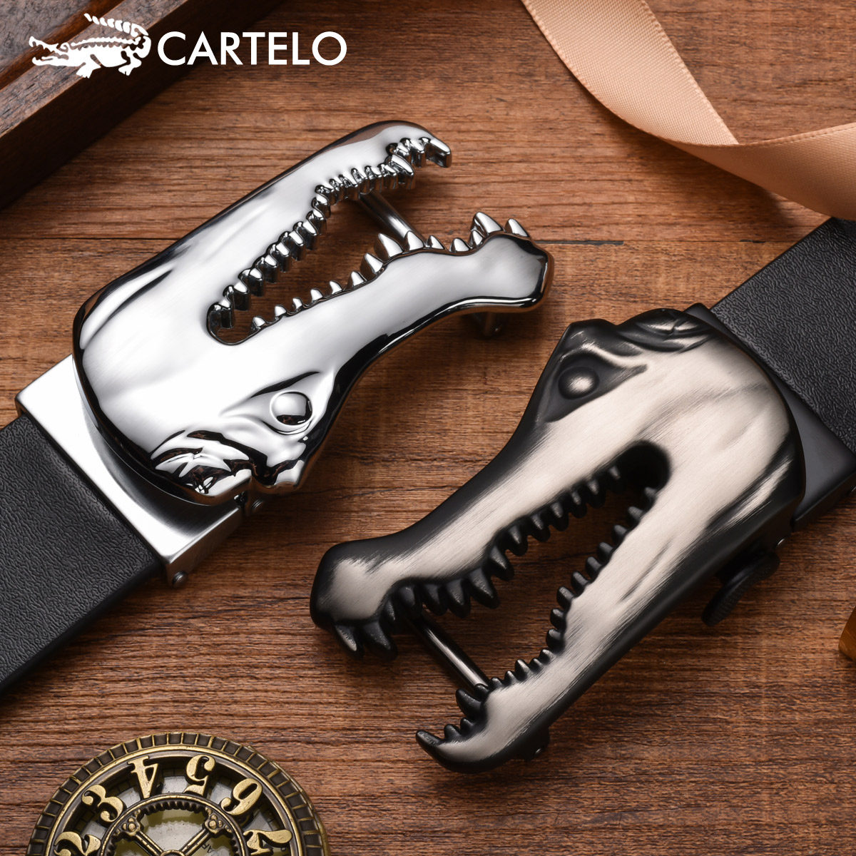 Cardilo crocodile belt men's first layer cowhide alloy embossed automatic buckle belt elegant retro style belt