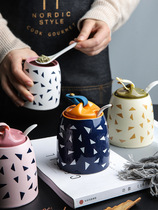 Japanese creative Cute ceramic seasoning can household salt monosodium glutamate seasoning Box Storage Box Kitchen rack with spoon