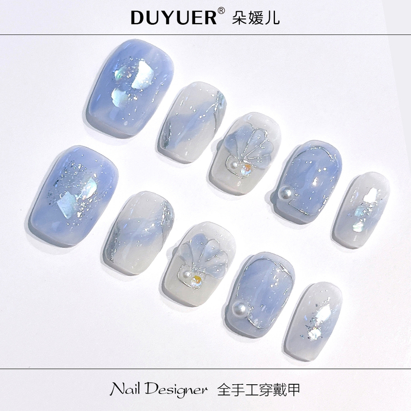 Light Blue Shell Pearl Blue Dreamy Refreshing Summer 3D Shell Nail Art Blue Handmade Wearable Nail Tips Nail Stickers