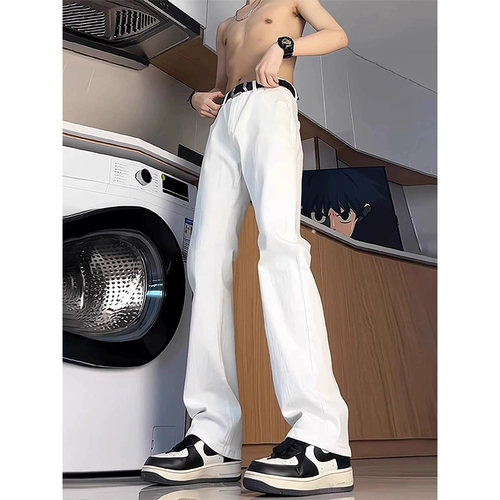 Белые летние тонкие джинсы, приталенные штаны, в американском стиле, свободный прямой крой