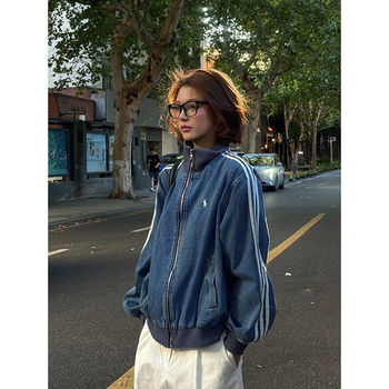 American Retro Three-Stripe Denim Baseball Jacket for Men and Women, Autumn Embroidered Design, High-End Short Wide Jacket