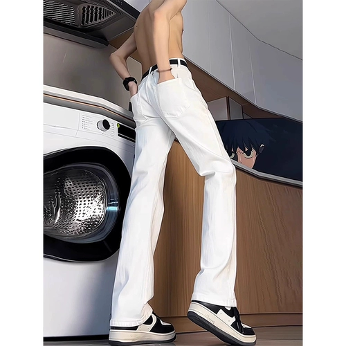 Белые летние тонкие джинсы, приталенные штаны, в американском стиле, свободный прямой крой
