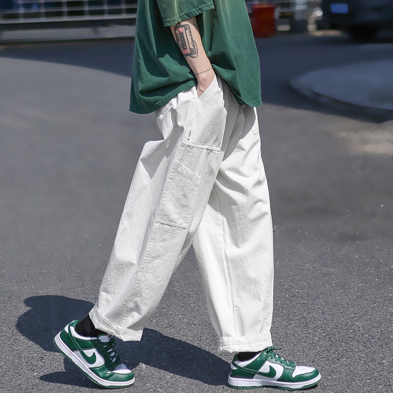 White Pants for Men, Summer Thin Style, Japanese Trendy Brand, Cool and Stylish Boys' Cargo Pants, Loose Straight Wide-Leg Harem Pants