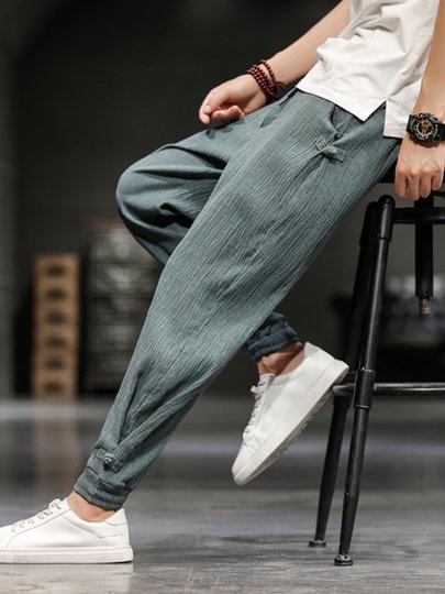 亚麻裤男夏季冰丝休闲裤新中式男装中国风棉麻裤子春夏束脚九分裤