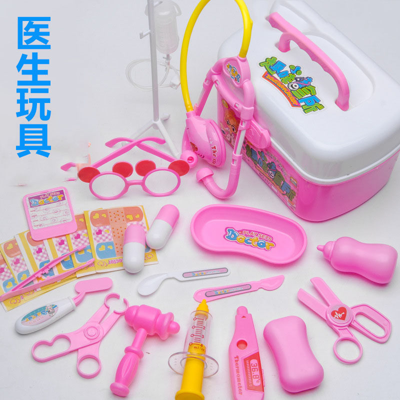 Children boys and girls play small doctors needle medical box toolkit to pack baby stethoscope to home toys
