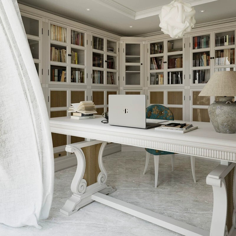American-Style Solid Wood Large Desk, French Vintage Carved Study Writing Desk, Cream White Electric Height-Adjustable Long Dining Table American-Style Solid Wood Large Desk, French Vintage Carved Study Writing Desk, Cream White Electric Height-Adjustable Long Dining Table
