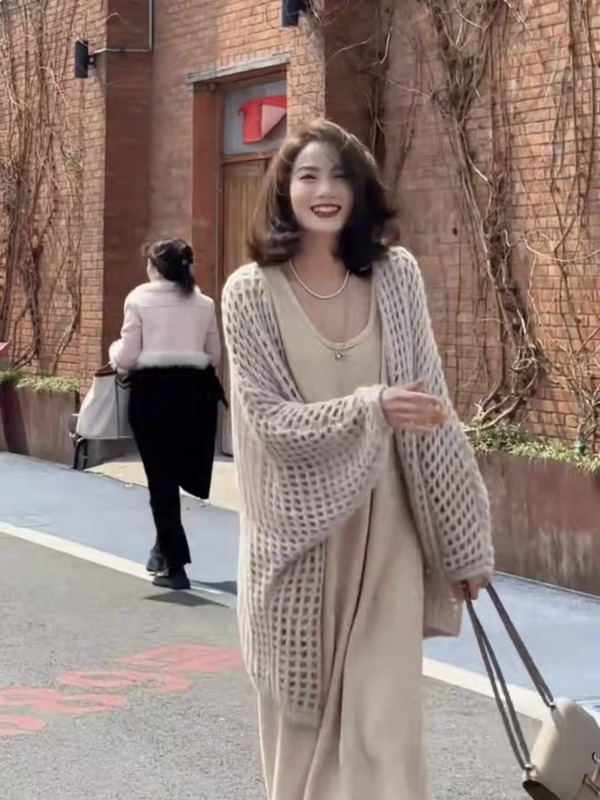 European and Korean Autumn Design Ripped Hollow Mesh Knit Cardigan for Women, Casual and Stylish Solid Color Plus Size Top Blouse