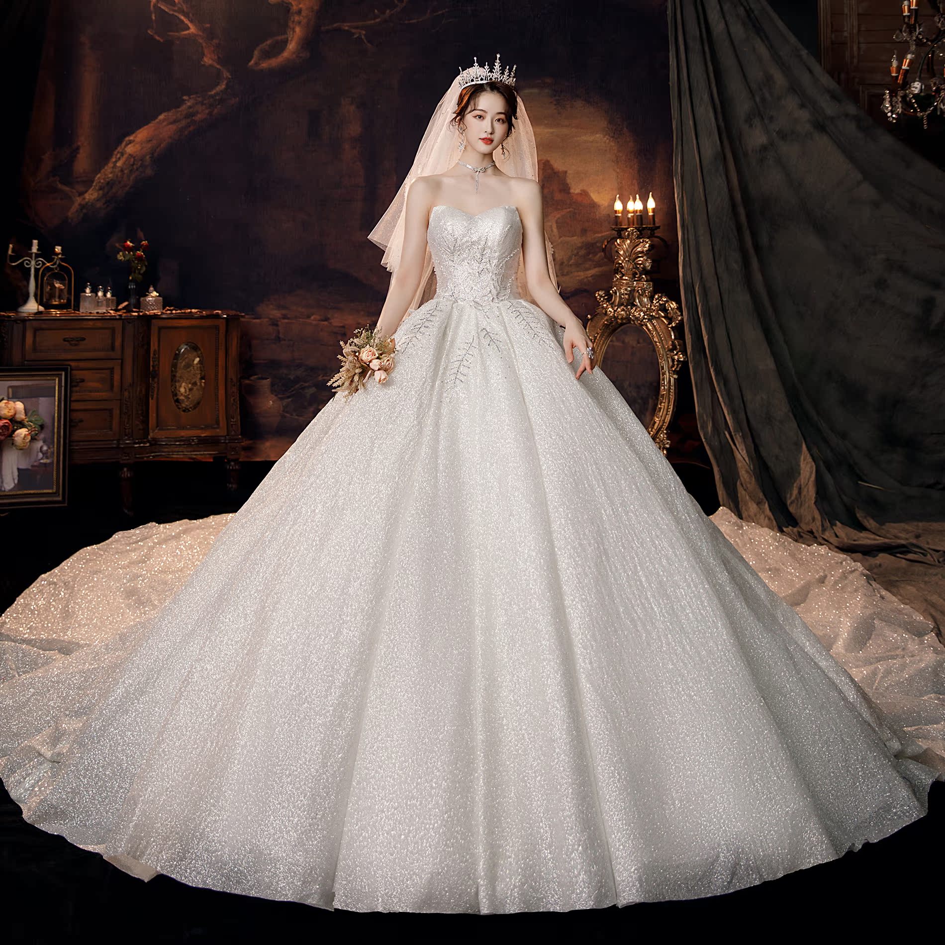 Straight Shoulder Wedding Dress Gown 2021 New Bridal style Breast Luxury Spray Gold Lace Big Trailing