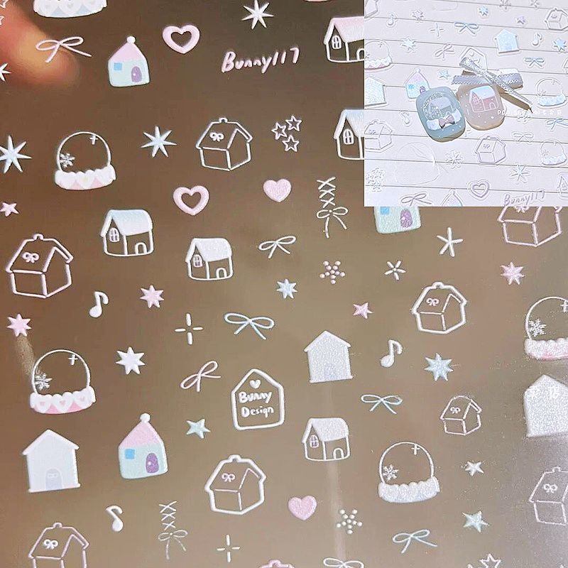ins Nail Art Stickers Embossed 3D Cute Snowman House Lines Puppy Cat DIY Water Cup Embossed 3D Nails
