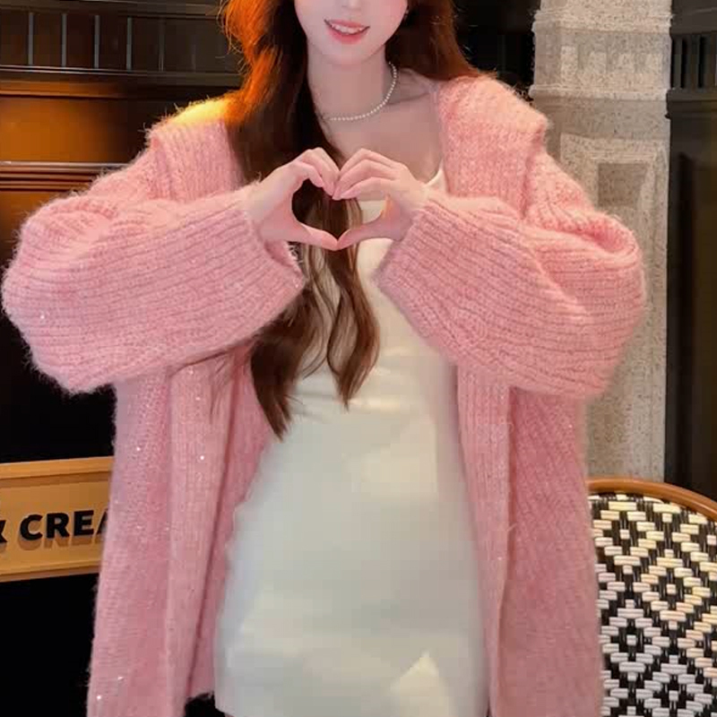 Gentle Style, Fresh Pink Shimmer Knit Jacket for Women, 2026 Autumn and Winter New Hooded Sweater, Loose Jacket, Trendy