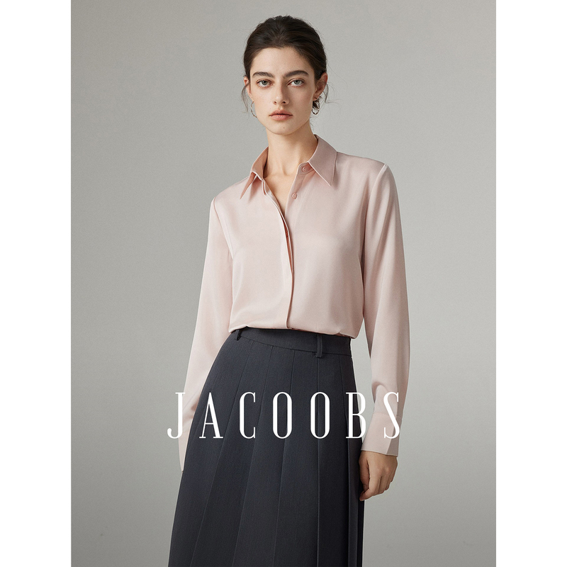 Yakejia Fabric Upgrade 3.0 Cherry Blossom Pink Hidden Placket Satin Long Sleeve Shirt for Women, Spring and Autumn Commuting Professional Shirt