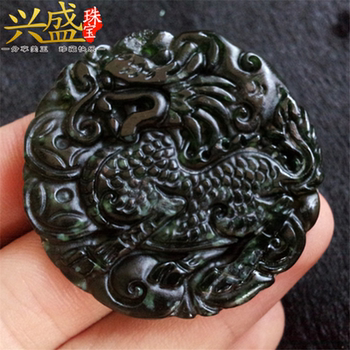 Natural auspicious animal necklace dark green jade