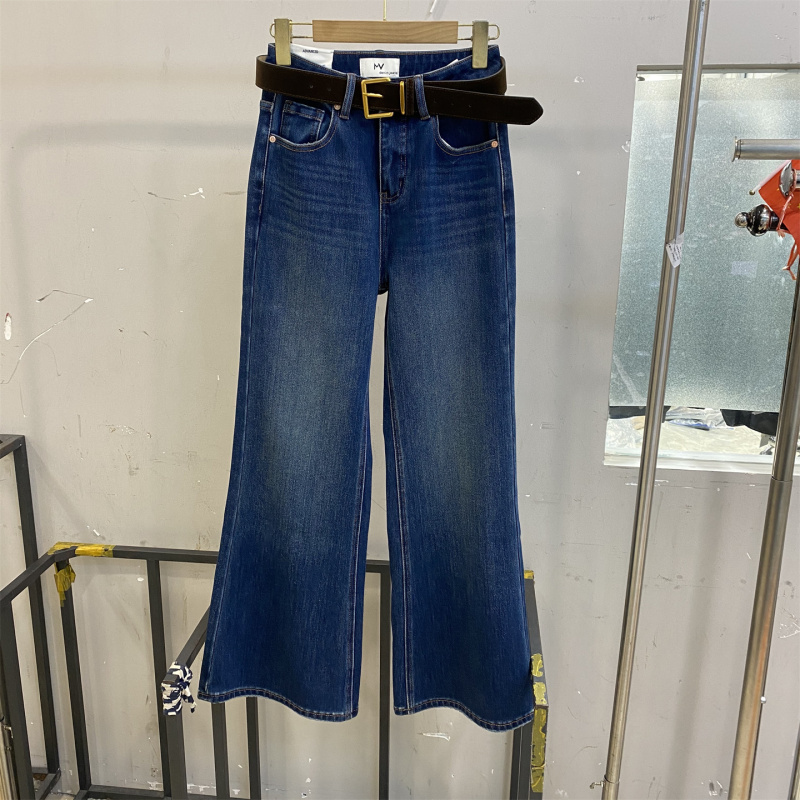 Mv855 Composite Velvet Four-Way Stretch Denim Bootcut Pants for Women, Winter Style, High-Waisted, Slim-Fitting, Straight-Leg Long Pants with Belt