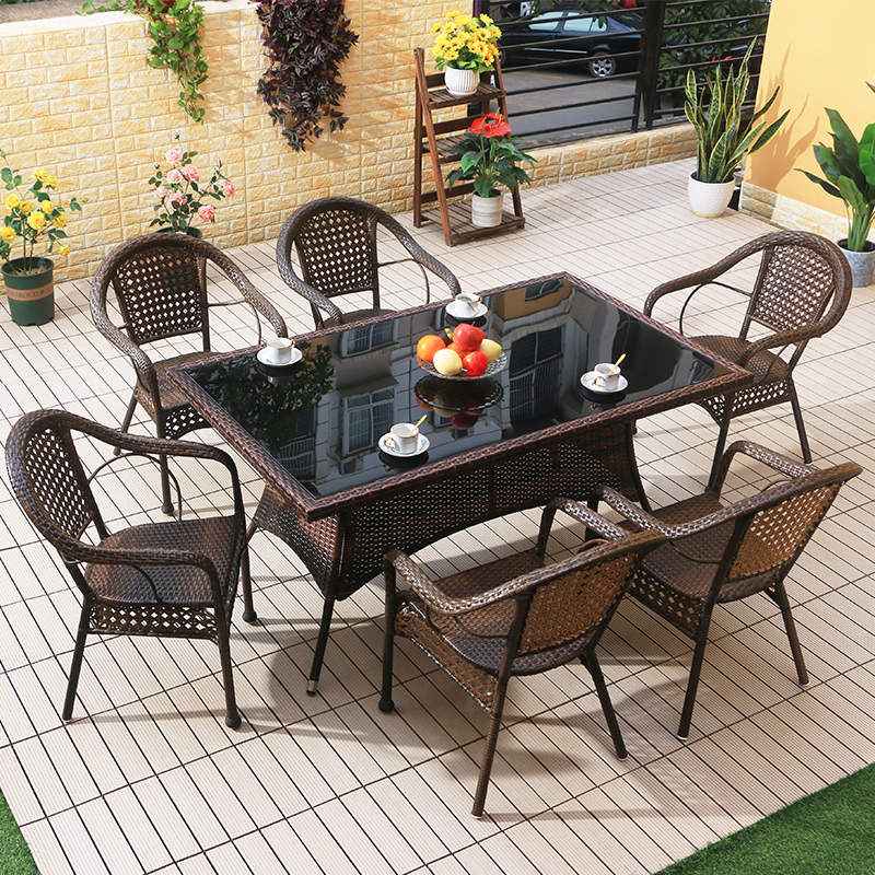 Outdoor rattan choreography long table courtyard garden terrace casual tea table rattan chair three sets tea table combined waterproof sunscreen