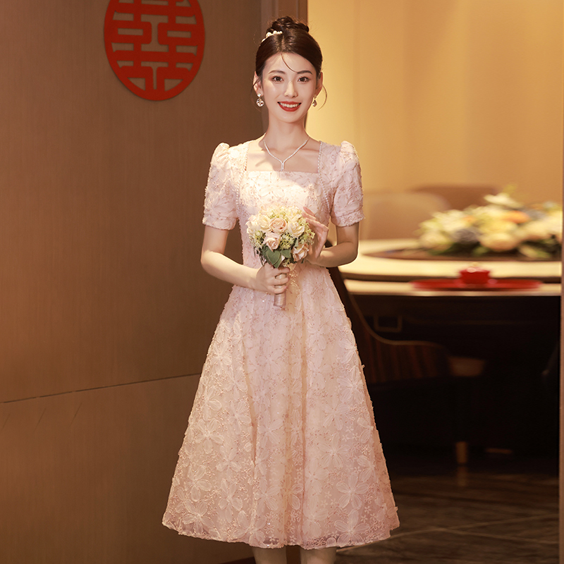 Pink Floral Engagement Evening Dress for Women, French-Style Toast Dress, Bride's Light Luxury Coming-Of-Age Ceremony Princess Dress, Hostess Summer Dress