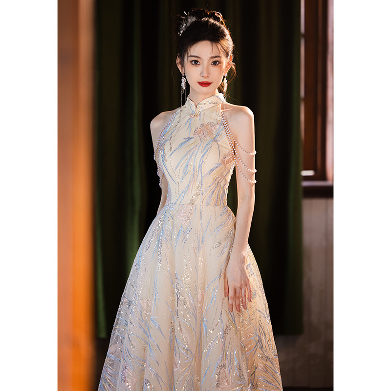 New Chinese-Style High-End Light Luxury Niche Engagement Evening Dress Female Host Toast Dress Bride Long Halter Neck Princess Dress New Chinese-Style High-End Light Luxury Niche Engagement Evening Dress Female Host Toast Dress Bride Long Halter Neck Princess Dress