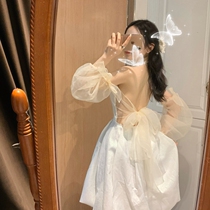 Han Milai 2021 Super Fairy Small Subfa Style Retro Dress Woman Cashews waist temperament butterfly knot white gown