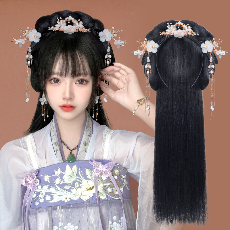 Hanfu Wig Integrated Lazy Hairband Tassel Hair Accessory Ancient Style Updo Hair Ornament Styling Ancient Costume Daily Hair Pad