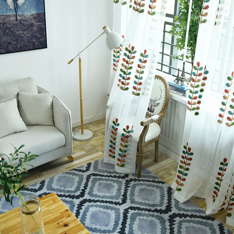 Zhejia Korean-style pastoral embroidered window screen bedroom living room bay window light-transmitting gauze curtain plant leaves small fresh curtain