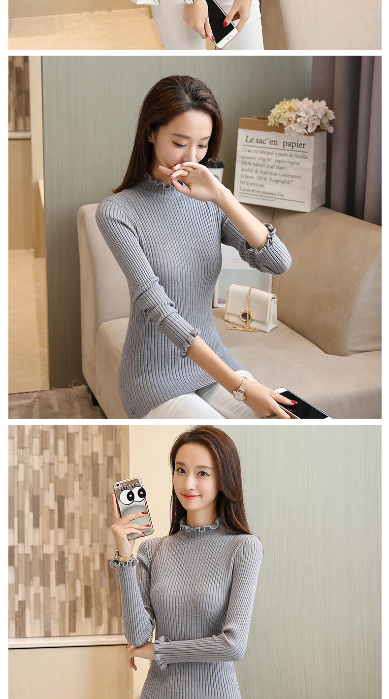 2017 mùa thu và mùa đông nửa cao cổ áo của phụ nữ hoang dã knit đáy áo sơ mi nữ dài tay bằng gỗ tai cổ áo sơ mi Slim áo thun áo len quần áo thời trang nữ