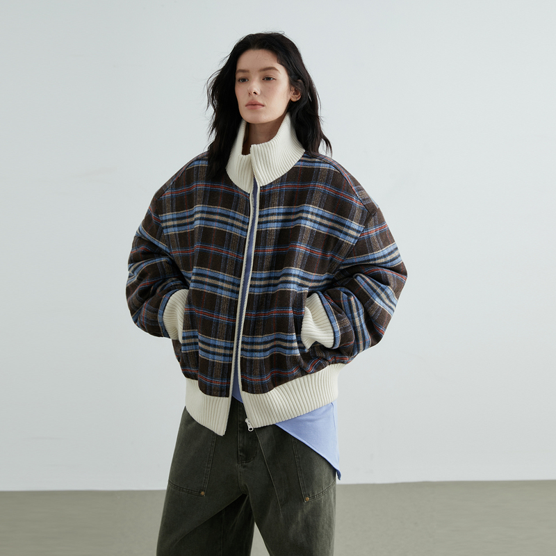 Lentoile Autumn and Winter Casual Silhouette Plaid Sherpa Loose Stand Collar Jacket