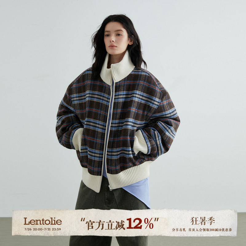 Lentoile Autumn and Winter Casual Silhouette Plaid Sherpa Loose Stand Collar Jacket