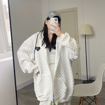 Waffle coat womens loose 2021 new spring and autumn casual sports hooded sweater all-match cardigan top tide