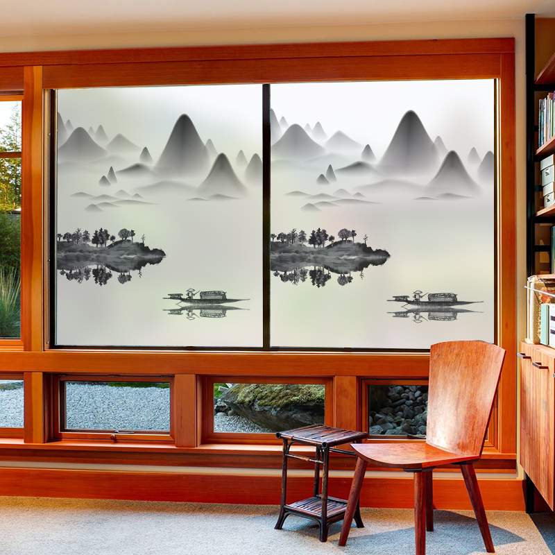 Glass sticker adhesive film Opaque Opaque Windows China Wind Mountain Water Painting Office Living Room Mobile Door Privacy Film