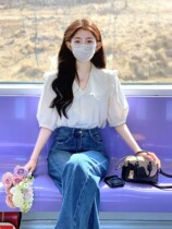 White puff-sleeved shirt with niche chic and beautiful shirt French top short-sleeved shirt for women summer