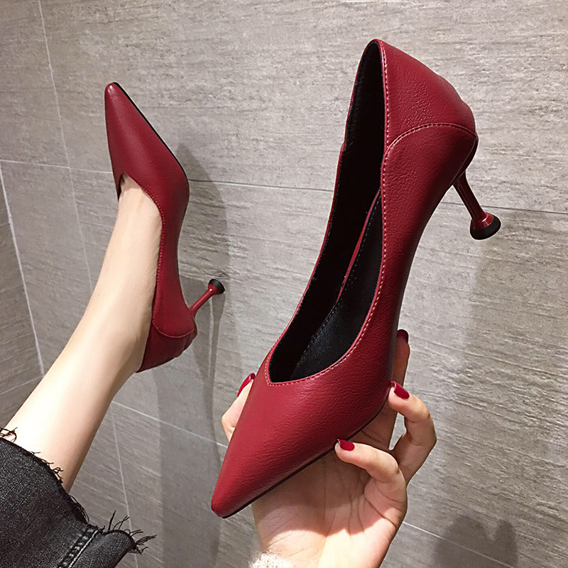 Hong Kong Fall Soft leather High heels Shoes Woman New 100 Hitch Red Light Red Light Mouth Tip Fine Heel Women's Shoes