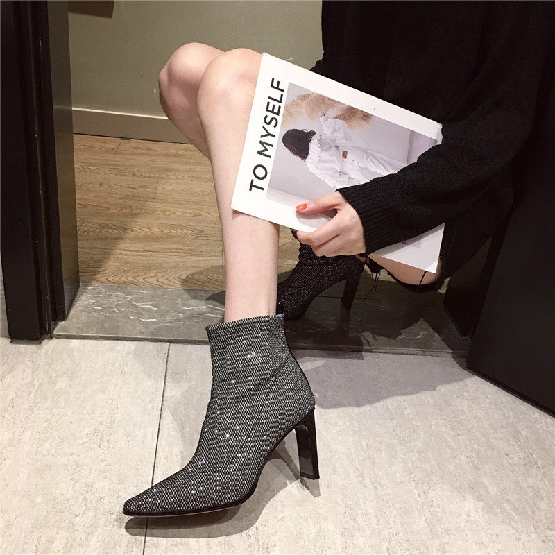 Hong Kong 2022 Fall New Sexy Short Boots Style High Heel Shoes Women Coarse Heel Pointed Women Boots Black Single Boots