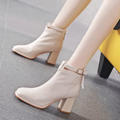 Hong Kong Rough Heel Short Boots Woman Autumn Winter New Strap Button Small Crowd 100 Hitch Style Square Head High Heel Martin Boots