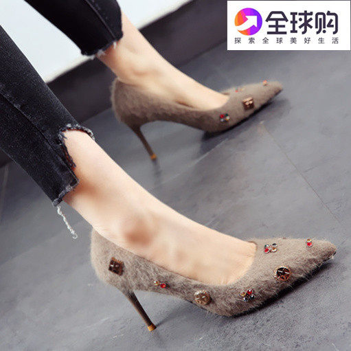 Hong Kong 2022 Autumn Winter New Women's Shoes Pointed Temperament Hair Capillary Heel High Heel Shoe Rivet Fashion Single Shoe Woman