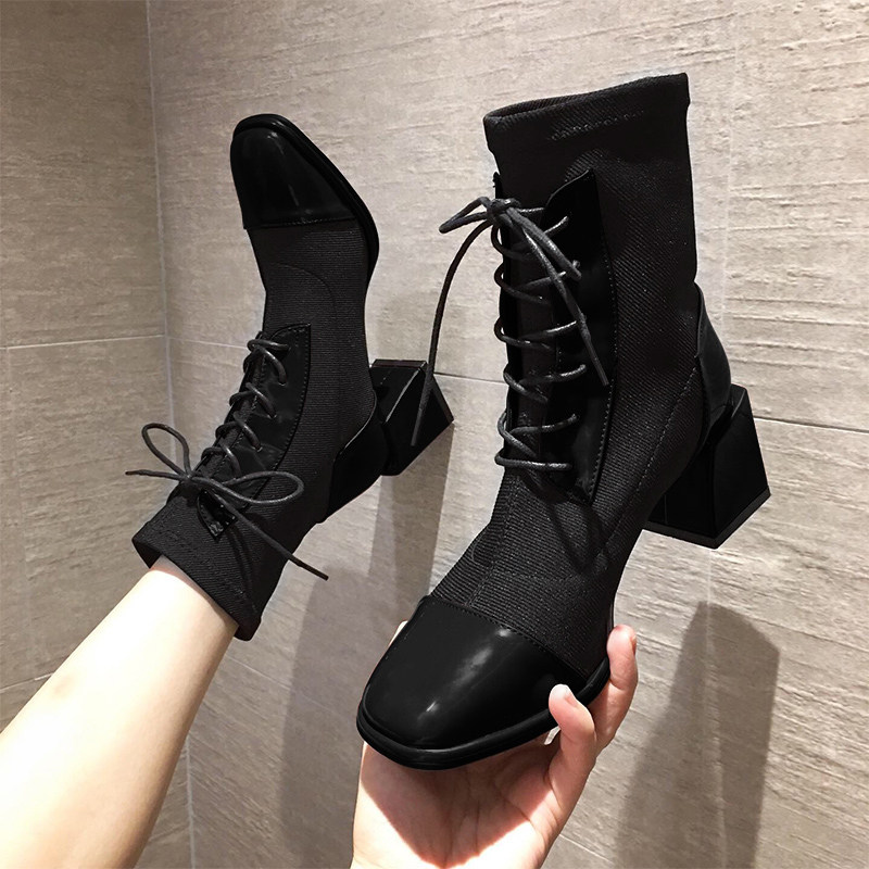 Hong Kong Fall Summer's new elastic short boot square head coarse heel high heel short boots fashion thick bottom Inron Martin boots