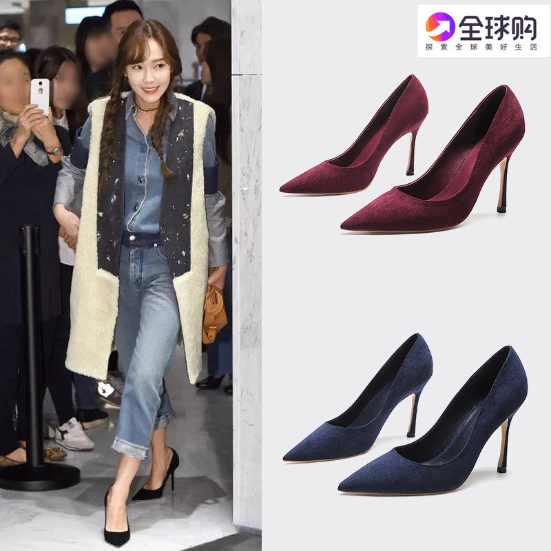 Hong Kong 2022 black pointed high heels girl thin heel shoes spring new Korean version of Joker burgundy shoes