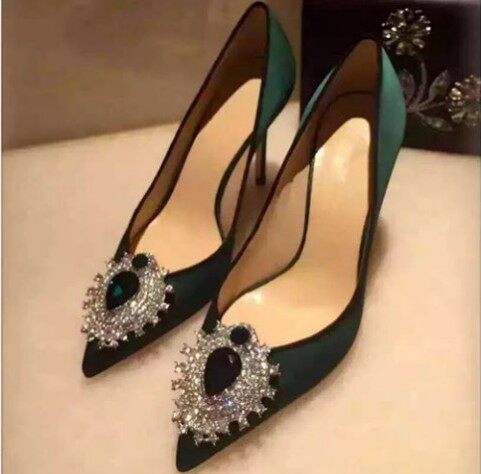 IT rhinestone square buckle pointed toe high heels thin heel satin shallow single shoes middle heel work shoes women's red wedding shoes