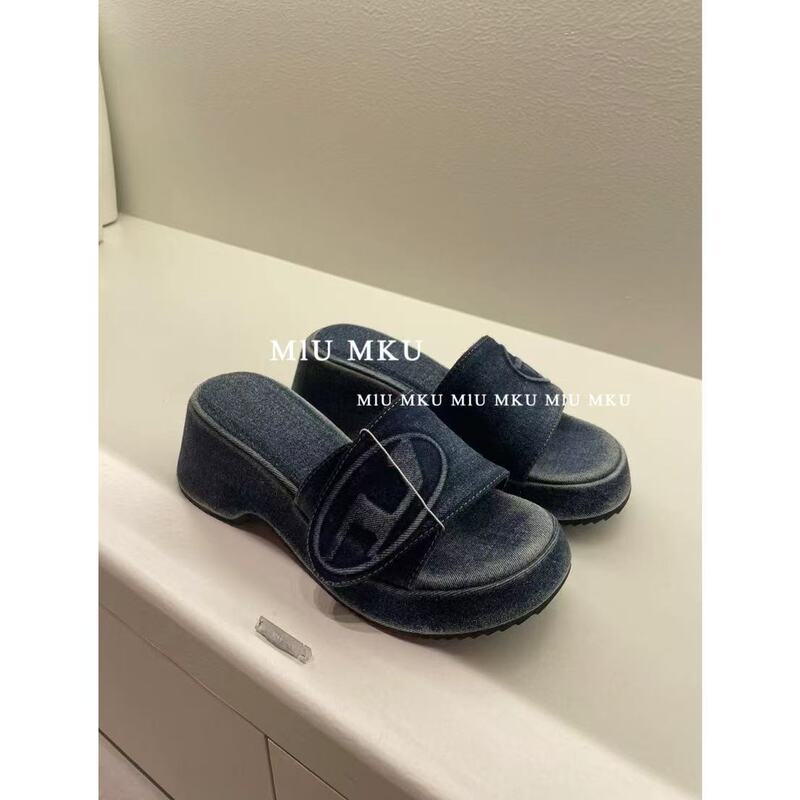 Wiuhk Fashionable Hot Girl 25Ss New Style Washed Denim Letter Slippers for Women to Wear Outside