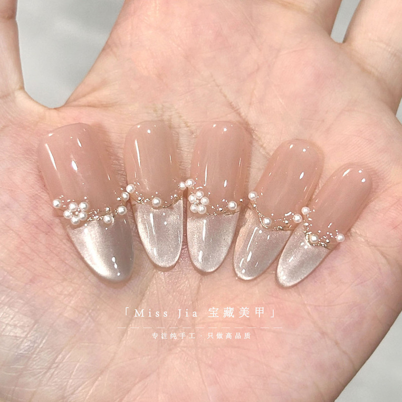 "Powdered Beauty" Nude Color Handmade Wearable Nails. Medium-Length French-Style Pearl Nails with a Girly Touch, High-Quality Manicure for Weddings