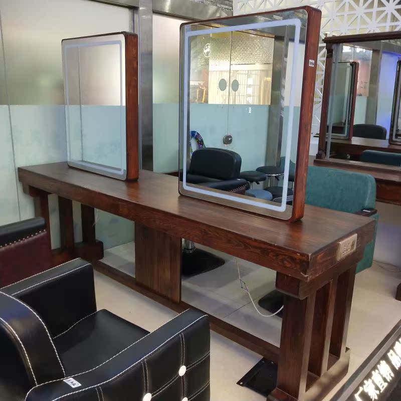 Retro solid wood with light LED single-sided double-sided hairdressing mirror four-sided mirror hair cutting mirror barber shop makeup mirror new