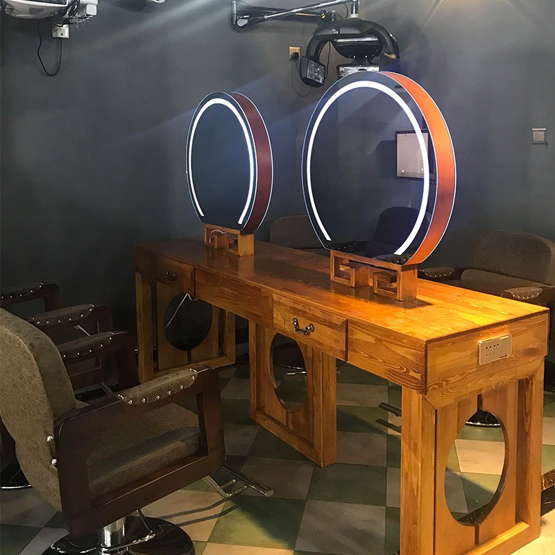 Retro solid wood with lamp round mirror table Beauty hair salon hair salon special barbershop set to make double-sided mirror four-sided mirror table