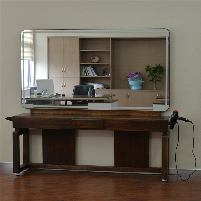 Barber shop new solid wood with lamp single-sided double-sided hair mirror table Four-sided mirror hair-cutting mirror Barber shop makeup mirror table