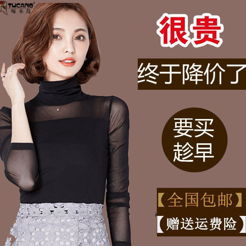 Woodpecker Spring and Autumn Thin High-Neck Mesh Base Shirt Women's Fashionable Long-Sleeve T-Shirt Sexy Lace Top