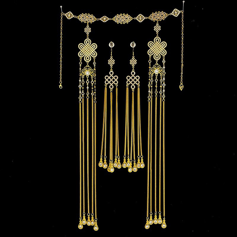 Ethnic Style Golden Uliji Tassel Hair Accessory Set for Women, Retro Chinese Style Headwear, Earrings, Mongolian Robe Accessories, New
