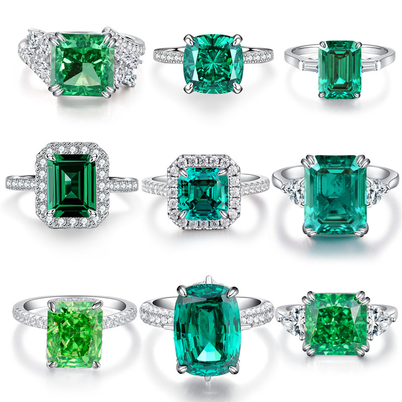 S925 Sterling Silver Wood-Colored Ring for Women, Emerald Cotton Green Gemstone, Pagoda-Shaped Cubic Zirconia High-Carbon Diamond Ring