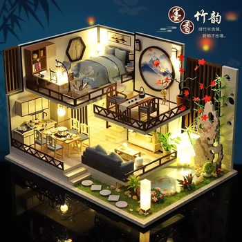DIY Hut Retro Chinese Style Architecture Miniature House Model Hand-Assembled Small House Birthday Gift for Men and Women