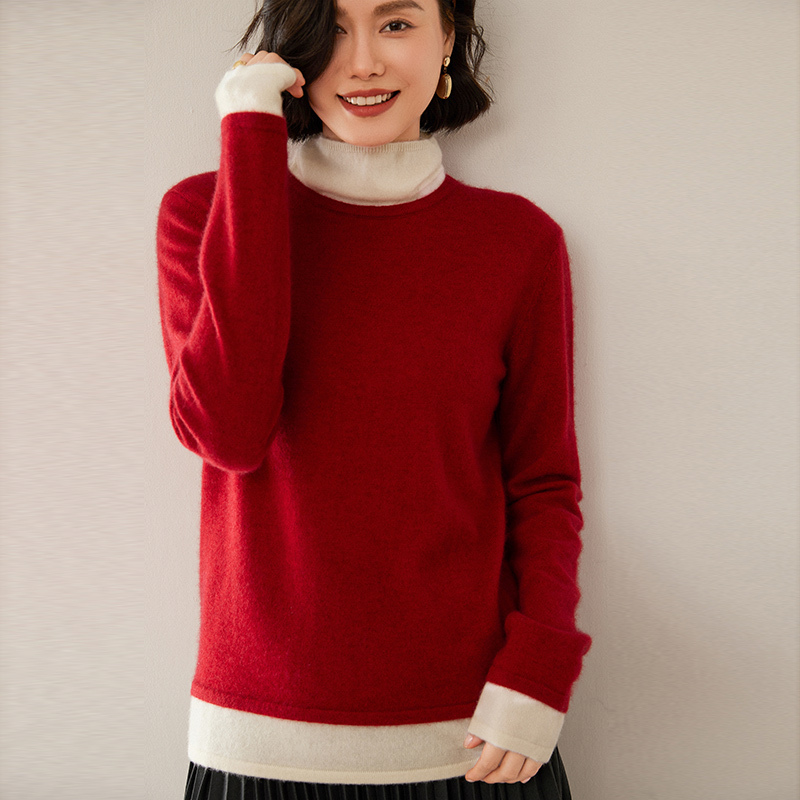 The Design Is Amazing! 100% Pure Cashmere Sweater for Women with a Stacked Collar, Faux Two-Piece Pullover Sweater with Knitted Base Layer
