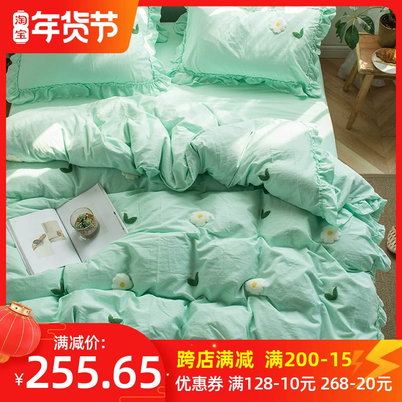 Vải bông thêu bốn mảnh cotton tinh khiết nhỏ bộ đồ giường thêu tươi mát 1,5 m 1,8 m giường lưới màu đỏ - Bộ đồ giường bốn mảnh