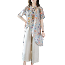 Ethnic style middle-aged mother fashion foreign style elderly large size cheongsam fat mm top cotton linen linen suit womens summer dress